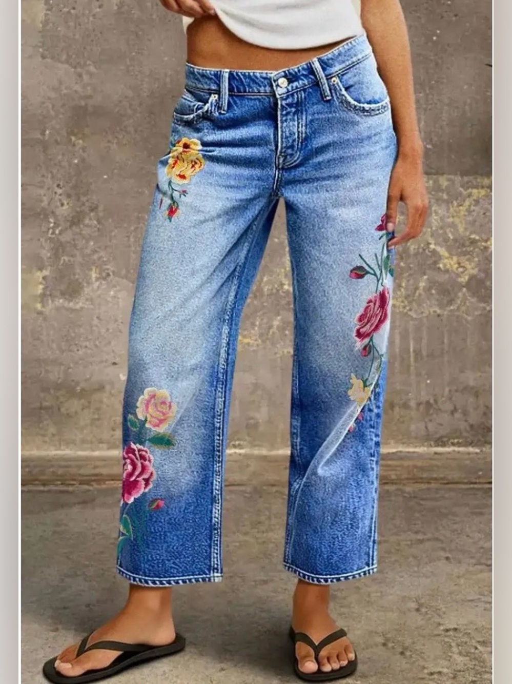 Flamingals Wash Floral Embroidery Mid Rise Straight Leg Crop Jeans